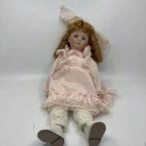 Vintage Porcelain Doll‎ Blue Eyes Red Hair Pink Dress Lace Trim Shoes 17"